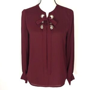 Eyelet Tie Neck Blouse Long Sleeve Burgundy‎ Top Career Casual